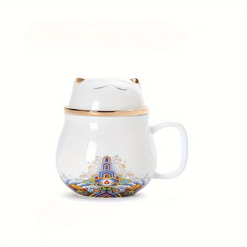 1pc, Ceramic Portable Lucky Cat Tea Mug, Drinking Cup With Infuser, Home  Office Drinkware