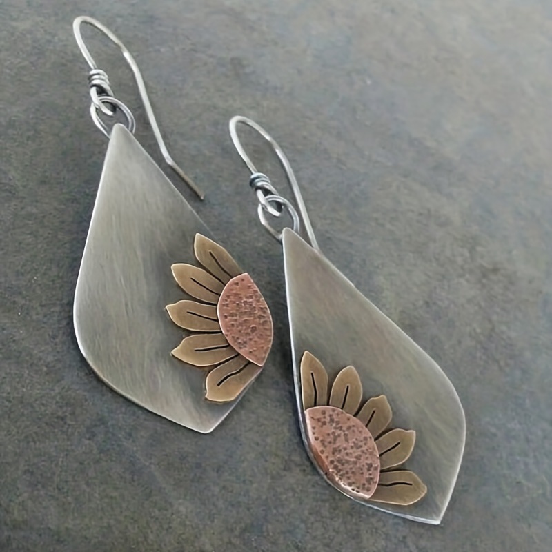 

Boho Rhombus Sunflower Pattern Dangle Earrings Vintage Simple Women's Jewelry Wedding Party Gift
