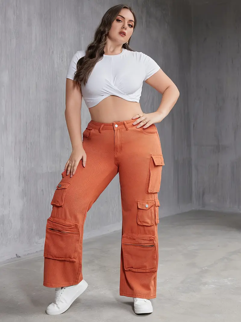 Plus Size Casual Jeans, Women's Plus Solid Button Fly Wide Leg Cargo Jeans  With Pockets