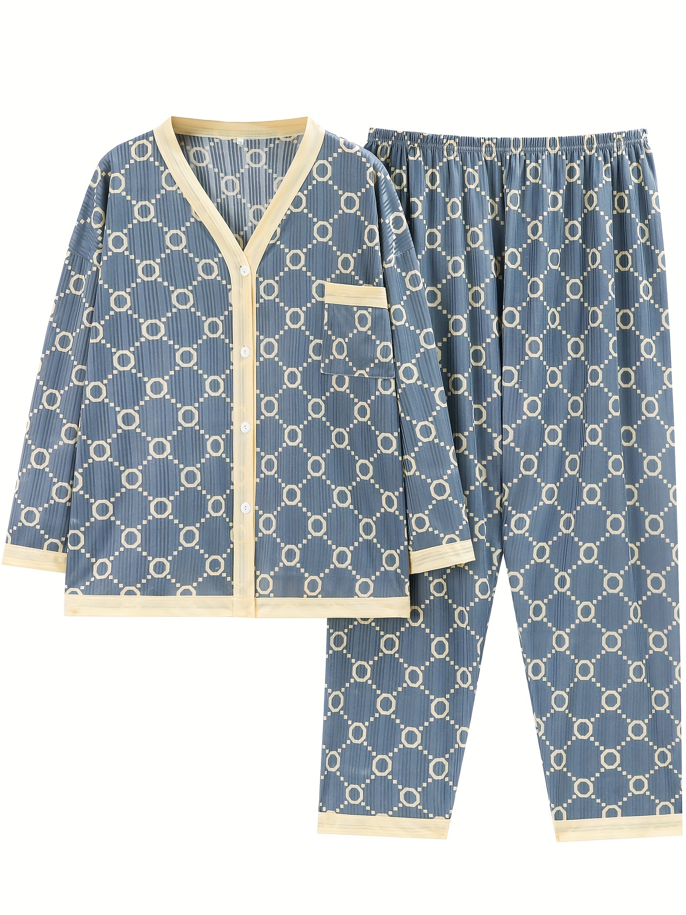 Plus Size Casual Pajama Set, Women's Plus Colorblock Geometric Print Long  Sleeve Button Up Top With Pocket & Pants Pajama Two Piece Set