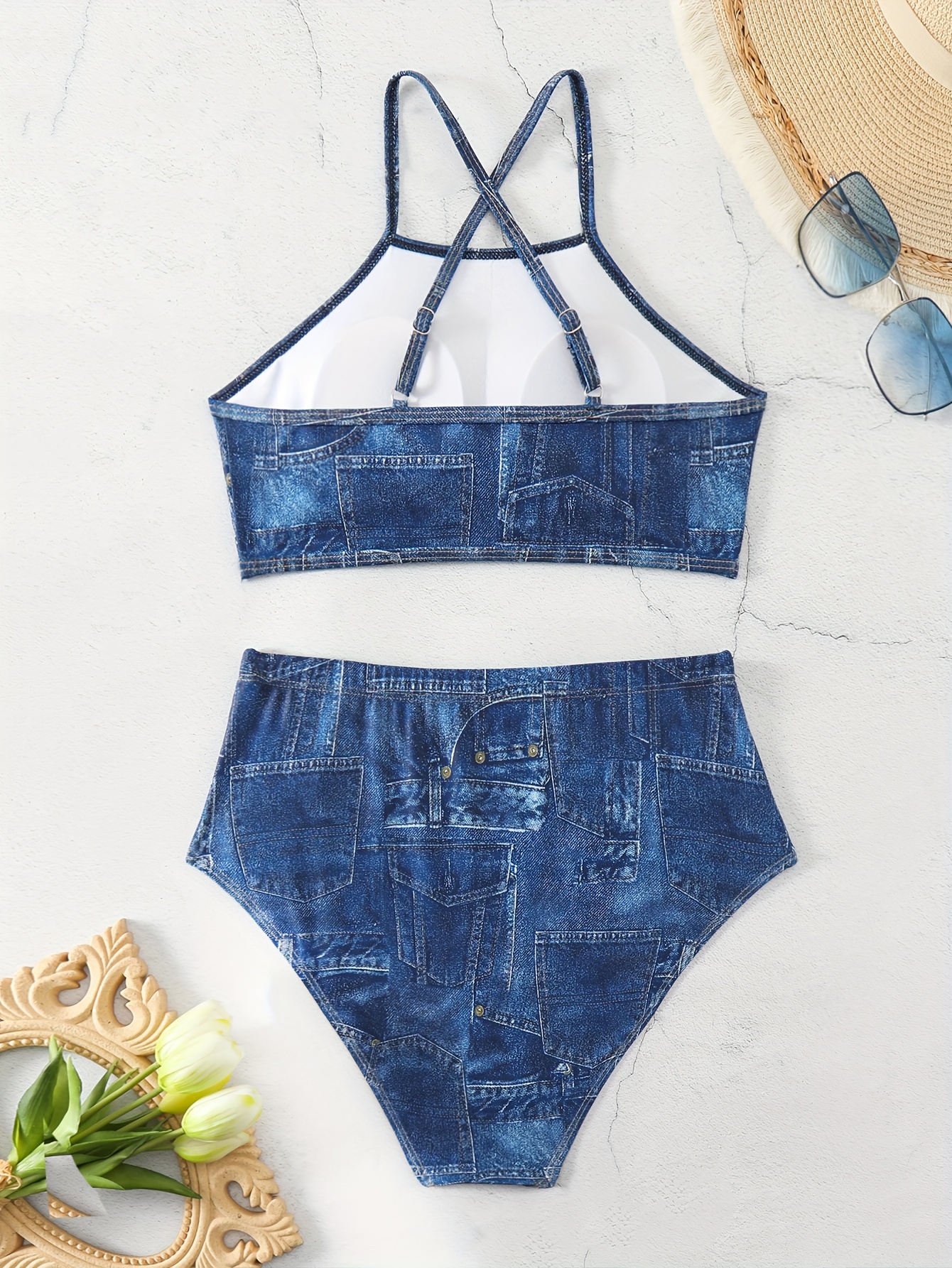 Faux Denim Print Criss Cross 2 Piece Set Bikini High Stretch Blue Ruched Swimsuits Women s Swimwear Clothing