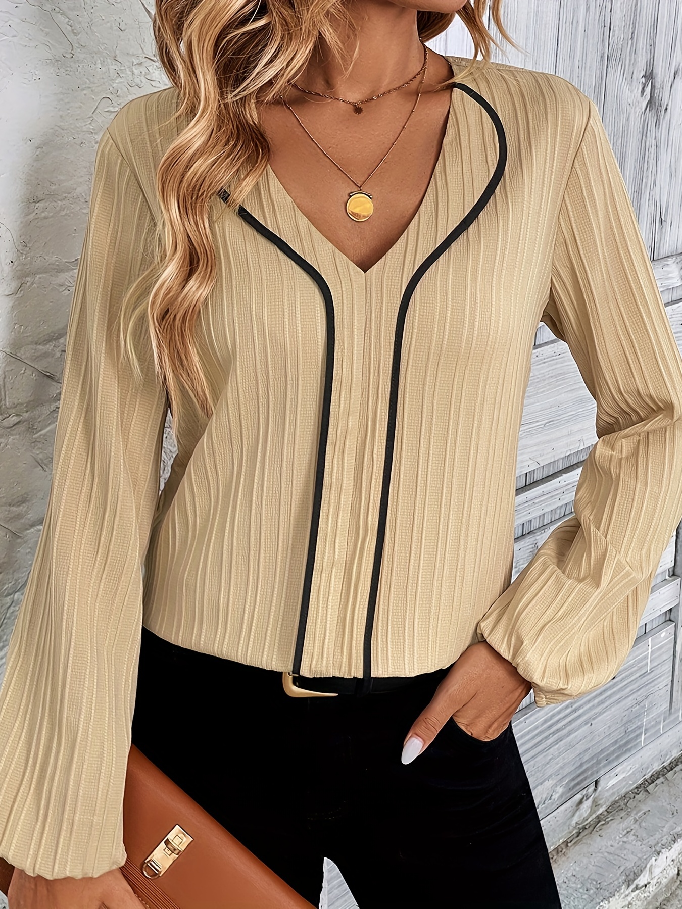 Wavy Stripe Simple Blouse, Elegant V Neck Long Sleeve Blouse, Women's  Clothing - Temu