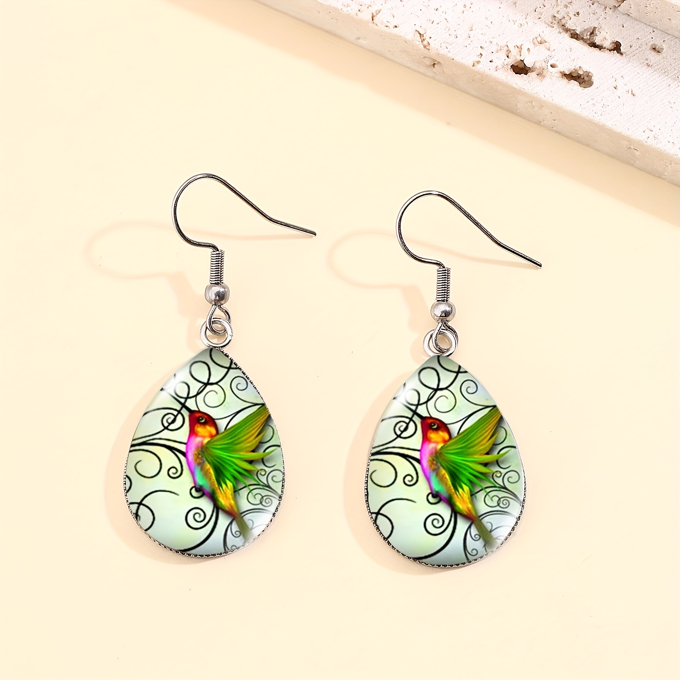hummingbird pattern water drop glass gemstone dangle earrings stainless steel jewelry hypoallergenic material retro style details 5