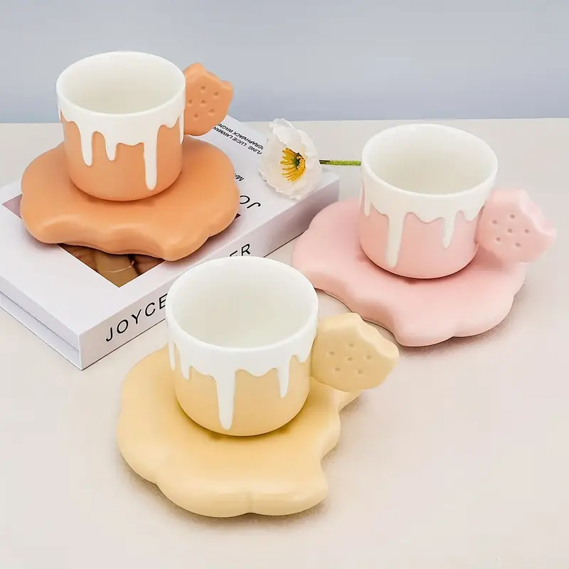Creative Cute Biscuit Shape Mug And Saucer Set, Cute Porcelain