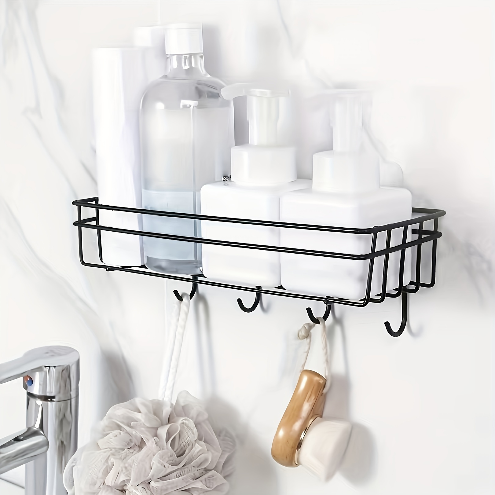 1pc Storage Rack With Hooks For Kitchen Bathroom Bedroom Office, Wrought  Iron Bathroom Shelf, Punch Free Hanging Shelf, Organizer Stuff