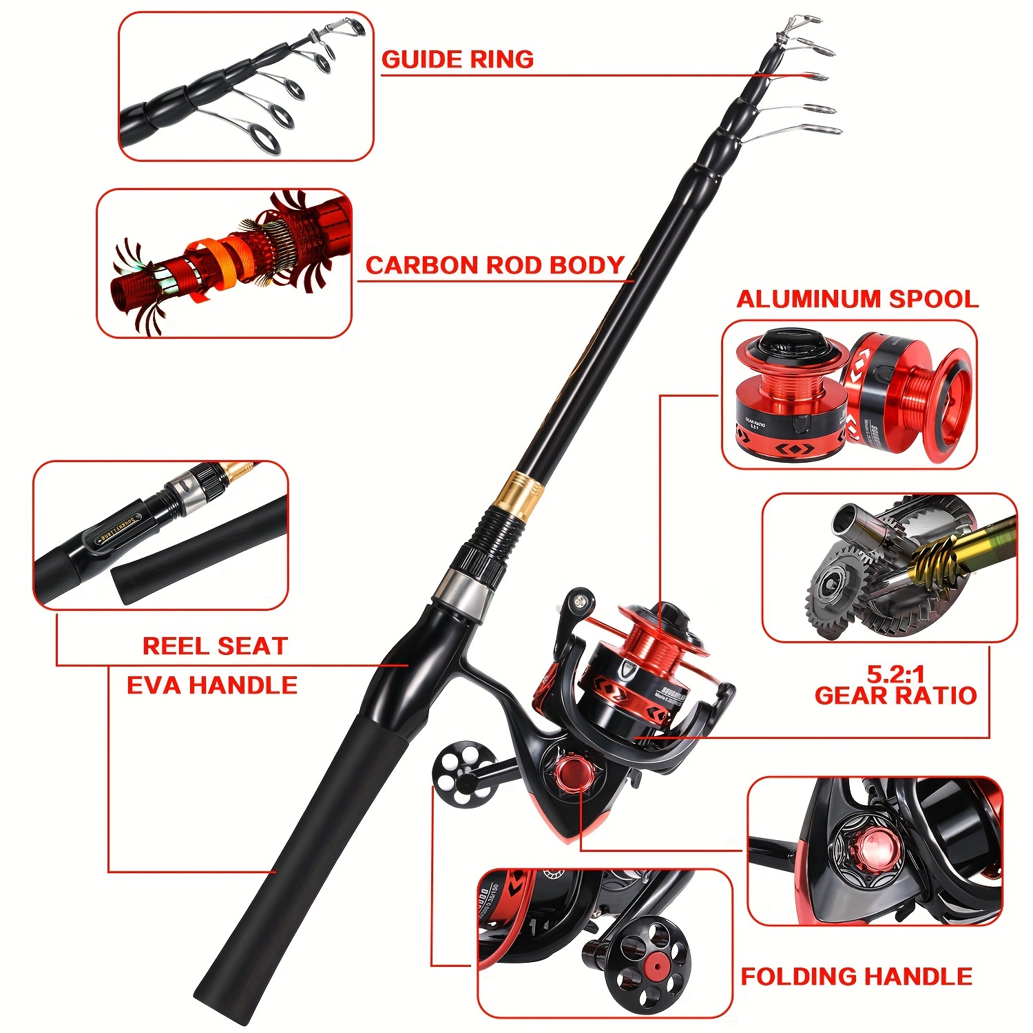 Sougayilang Fishing Rods Combos 1.8-2.7M Carbon Fiber Telescopic Fishing  Rods and Spinning Fishing Reel Line Bag Lures Full Set