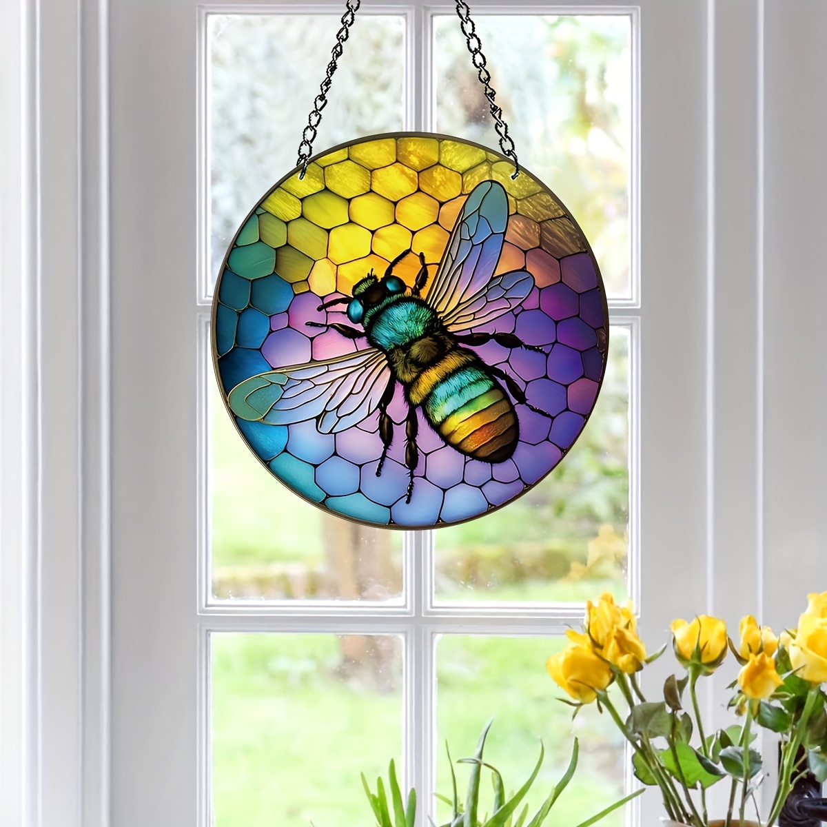 Stained Glass Bee Honeycomb Hanging Suncatcher Ornaments Window Garden Decor