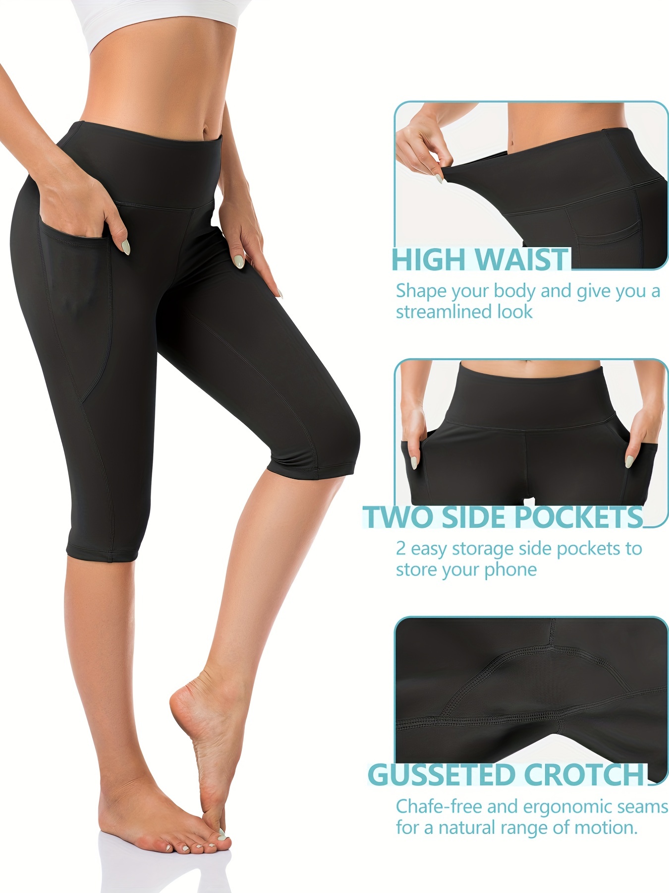 Women's Knee Length Leggings High Waisted Yoga Workout Exercise Capris For  Casual Summer With Pockets