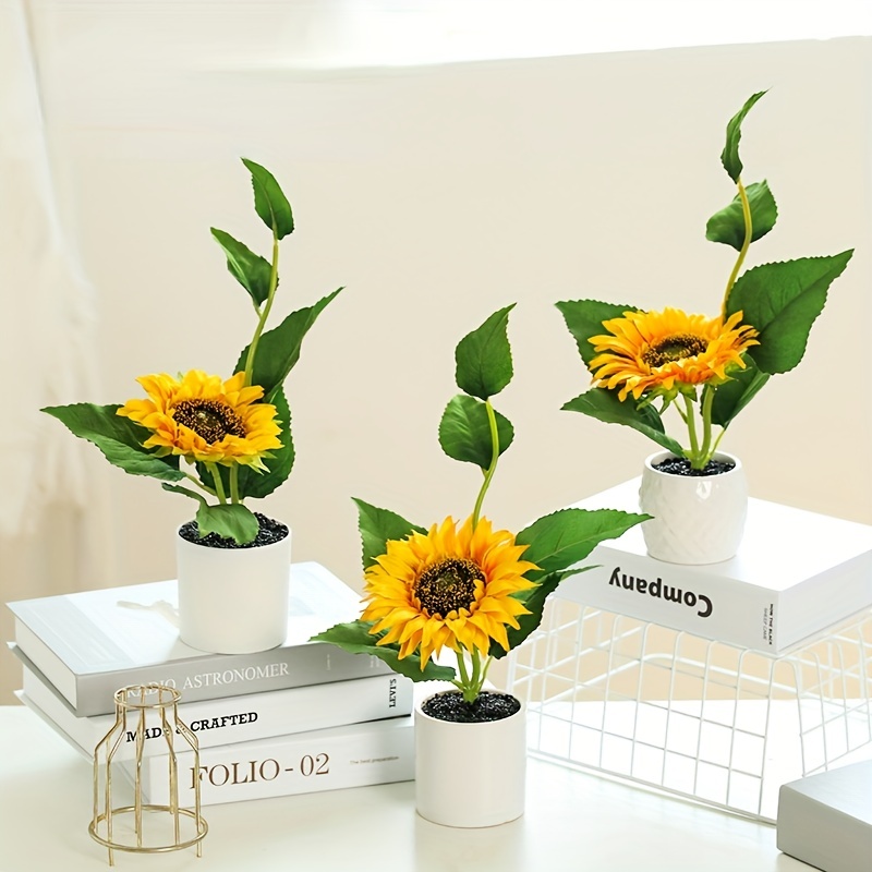 1pc Artificial Potted Sunflower, Artificial Sunflower Bouquets In Handmade  Rattan Vase For Home Office Table Kitchen Desktop Dinning Room Decoration