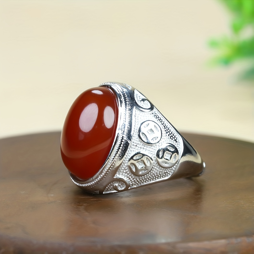 

1pc Inlaid Natural Red Agate Gemstone Men's Ring Fashion Simple Silvery Ring