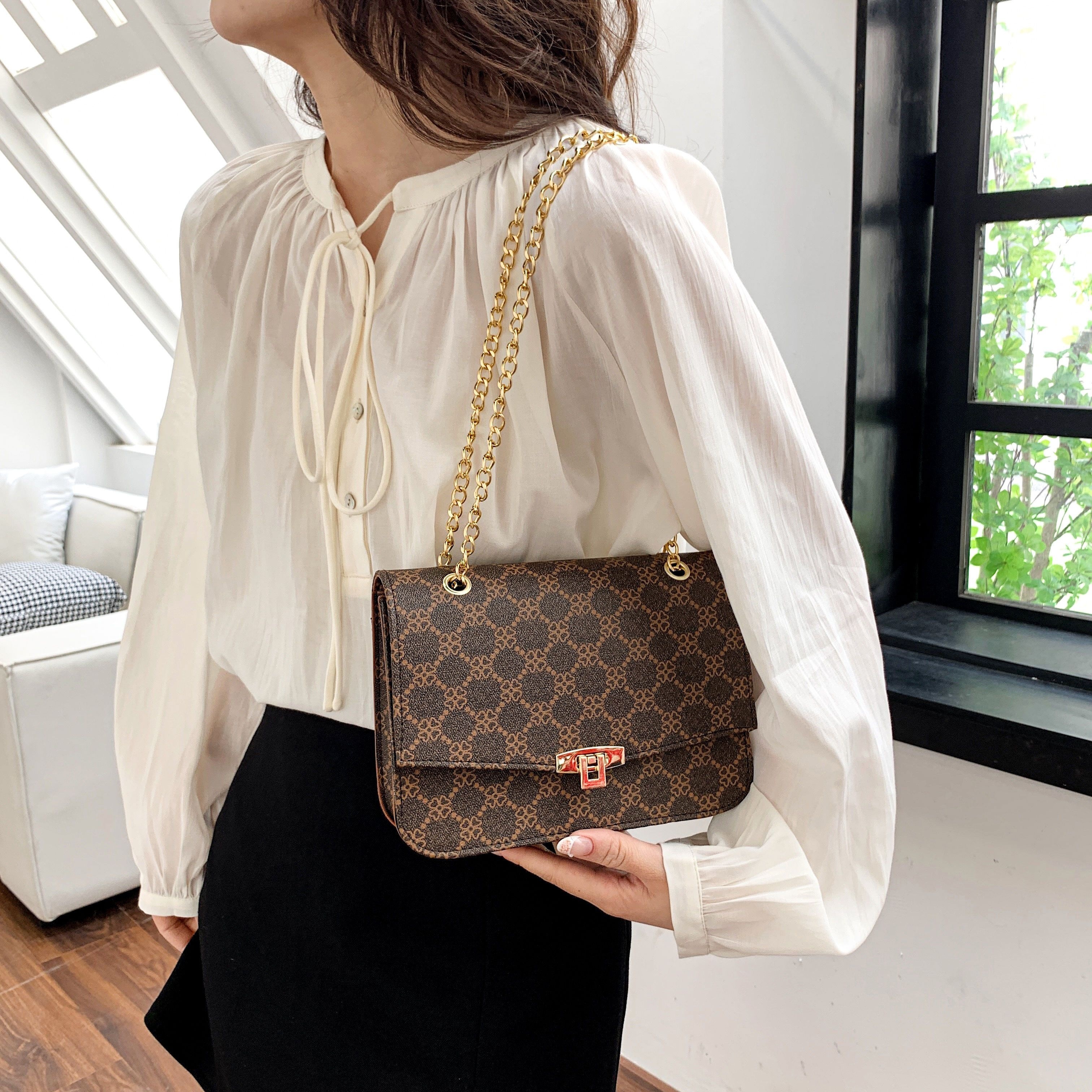 Vintage Geometric Pattern Square Bag, Trendy Flap Chain Bag, Pu