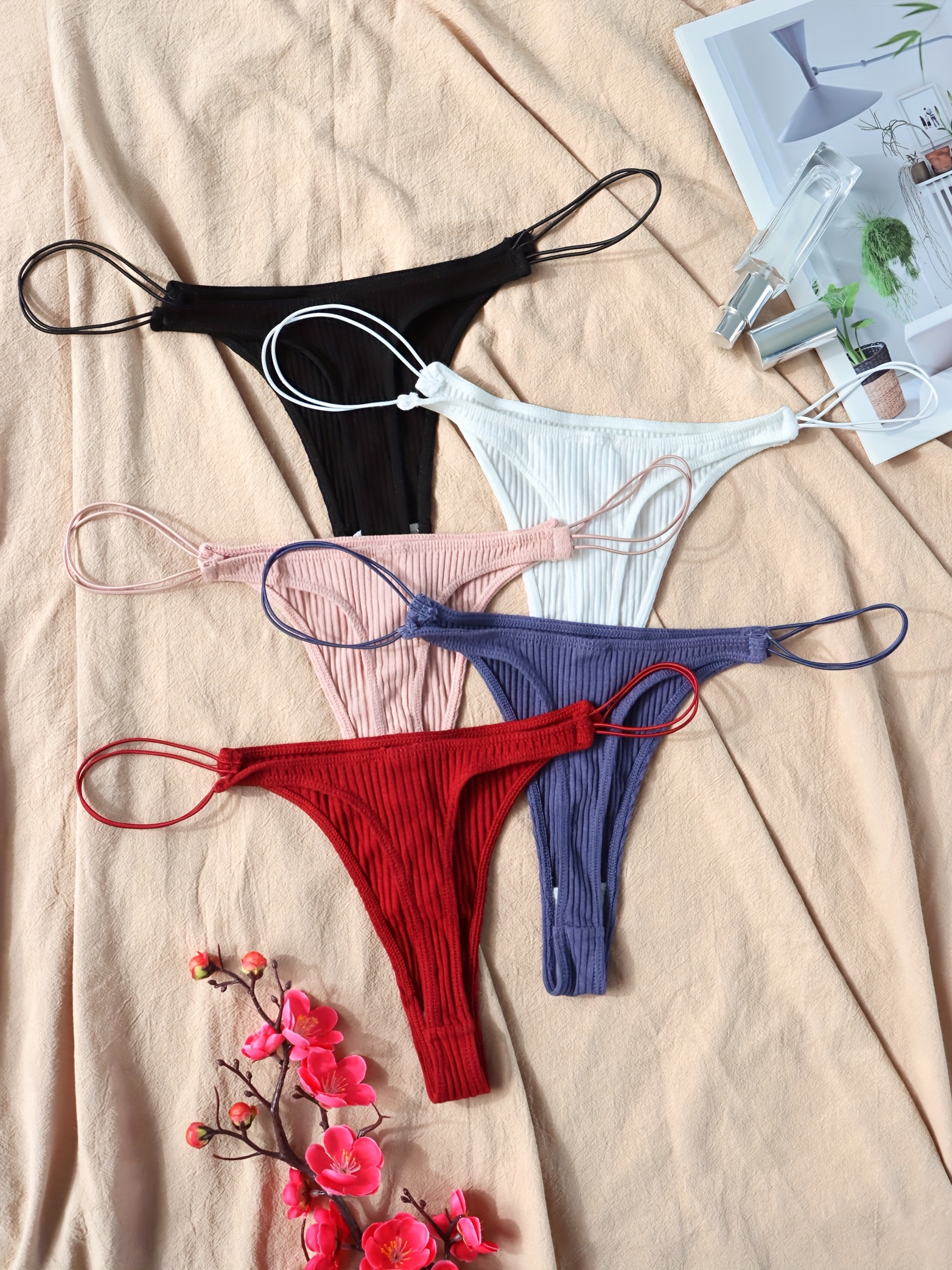 5pcs Solid Ribbed Thongs, Comfy & Breathable Low Waist Intimates Panties,  Women's Lingerie & Underwear