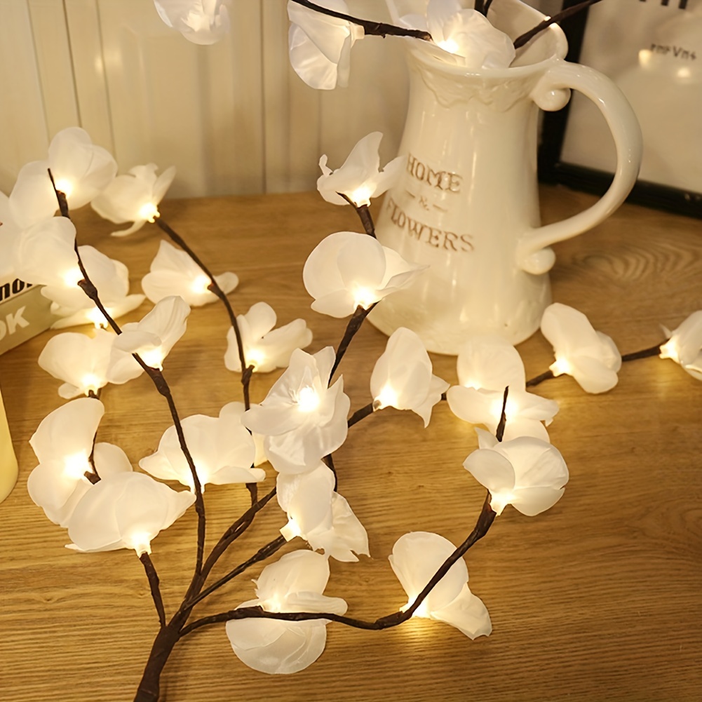 Glass Vase LED String Light Artificial White Orchid Flowers Home Decor And  Gift