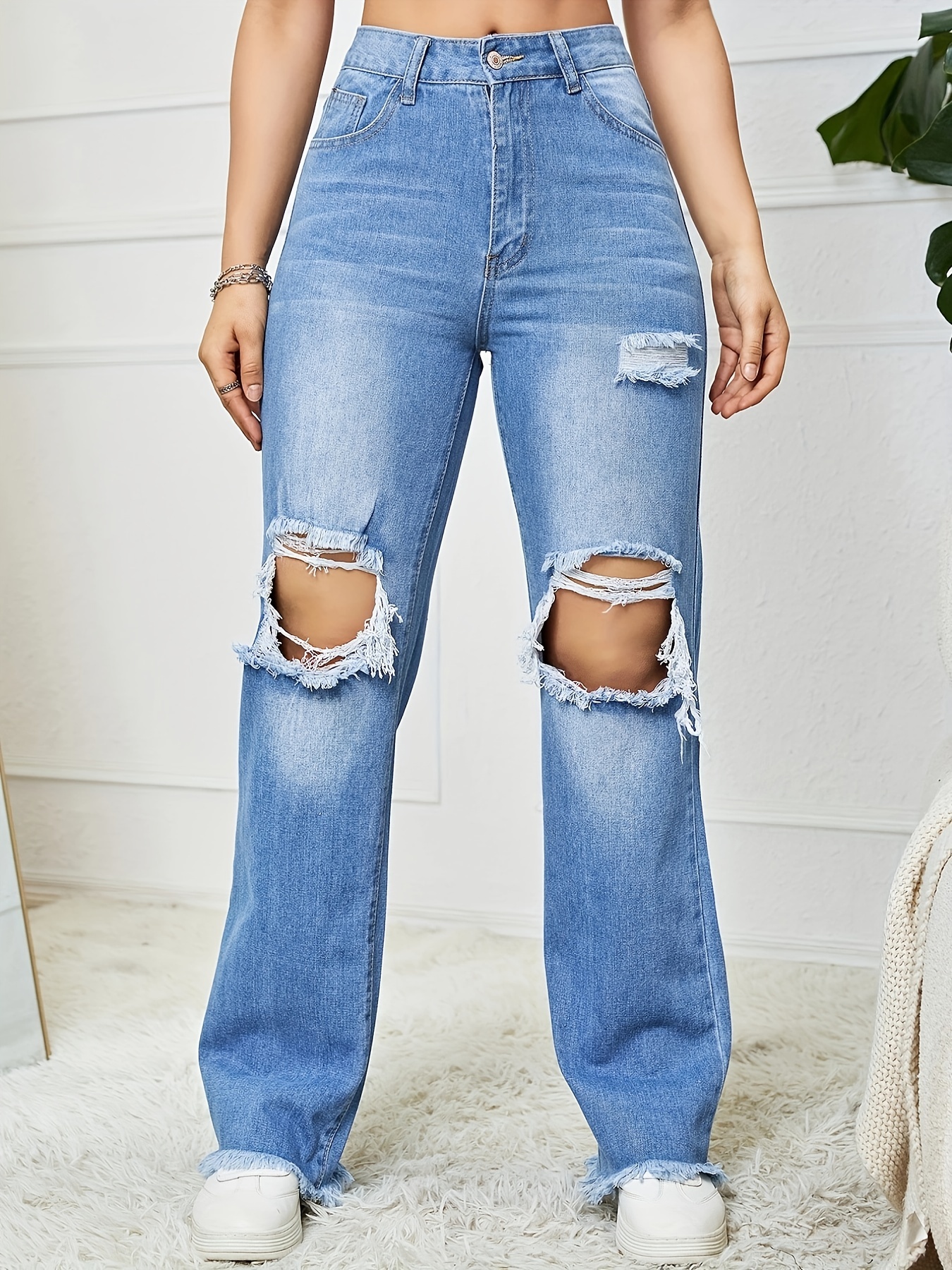 Blue Hem Straight Jeans Ripped Holes Loose Fit Wide Legs - Temu