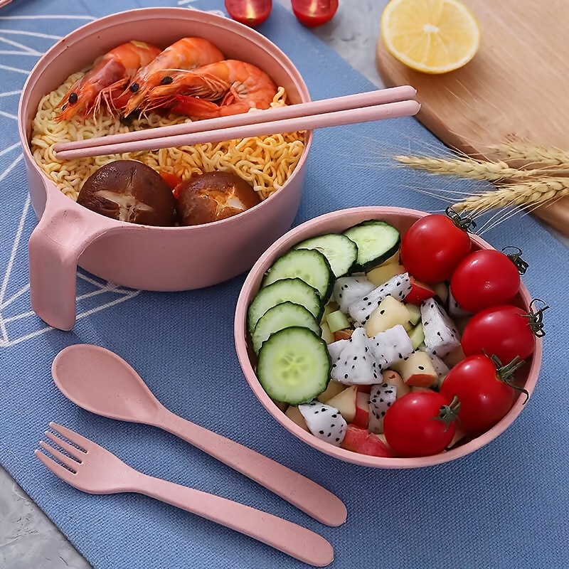 1Set Cute Noodles Bowl with Lid Handle Dinnerware Wheat Straw