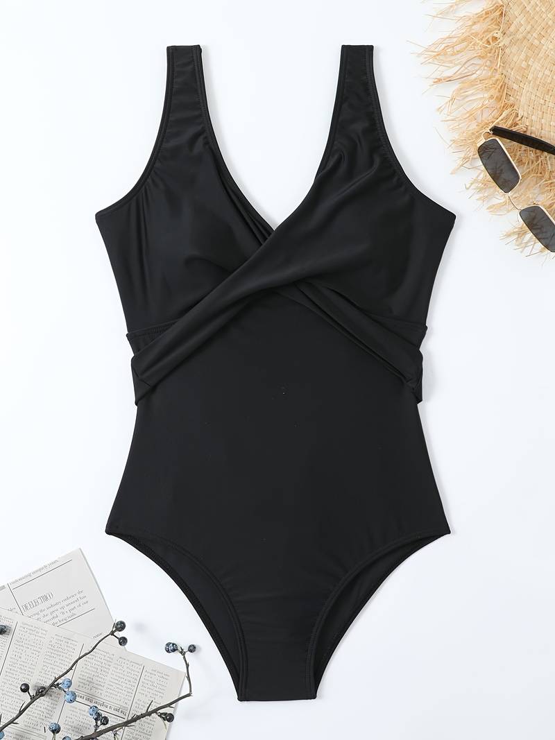 Solid Twist Front One Piece Swimsuit, High Stretch Sporty One Piece ...