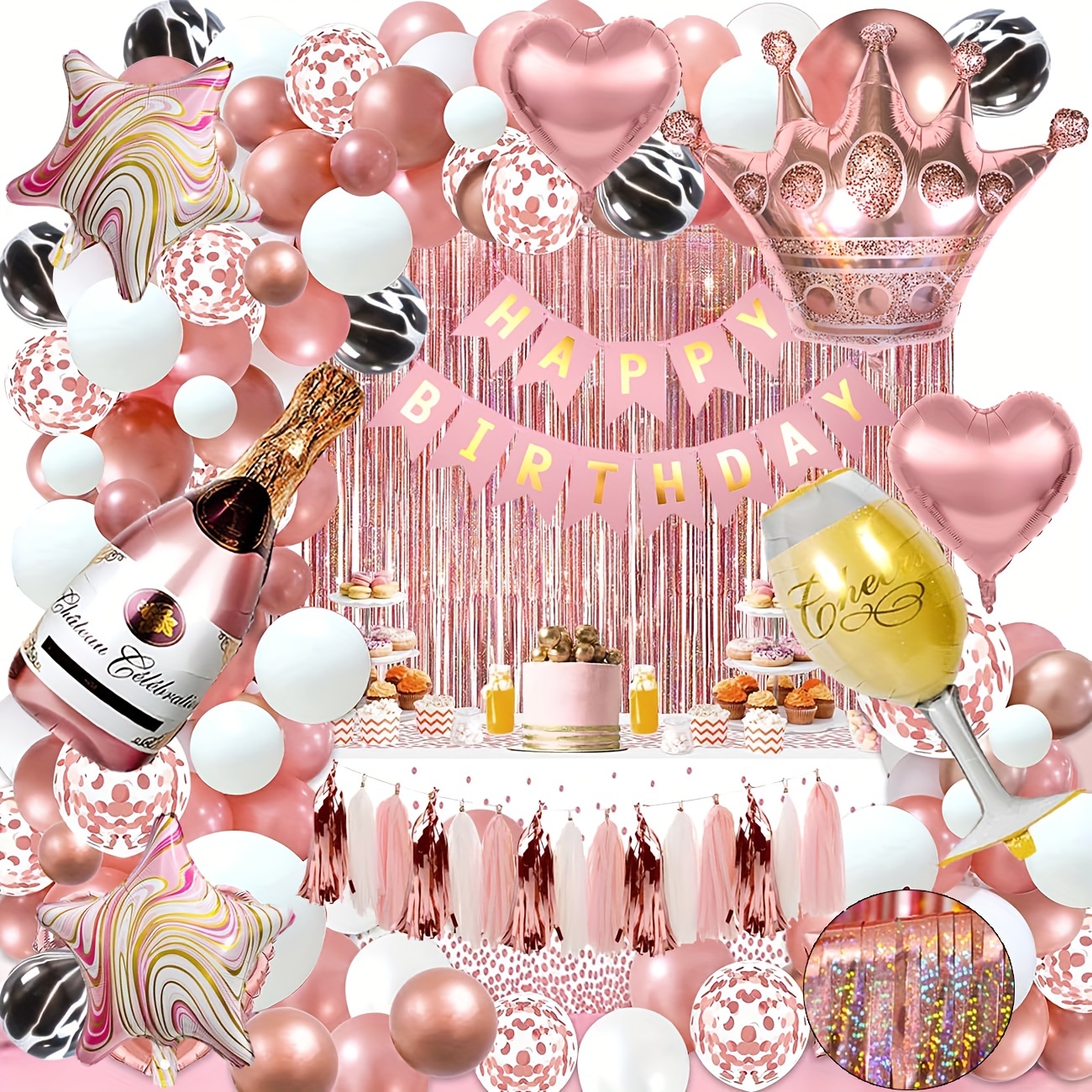Palloncini Compleanno Oro Rosa con HAPPY BIRTHDAY Banner Rose Gold