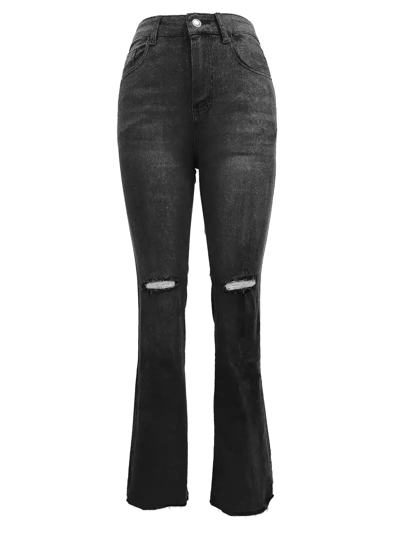 Plain Pipped Holes Flare Jeans, Slash Pockets Distressed High