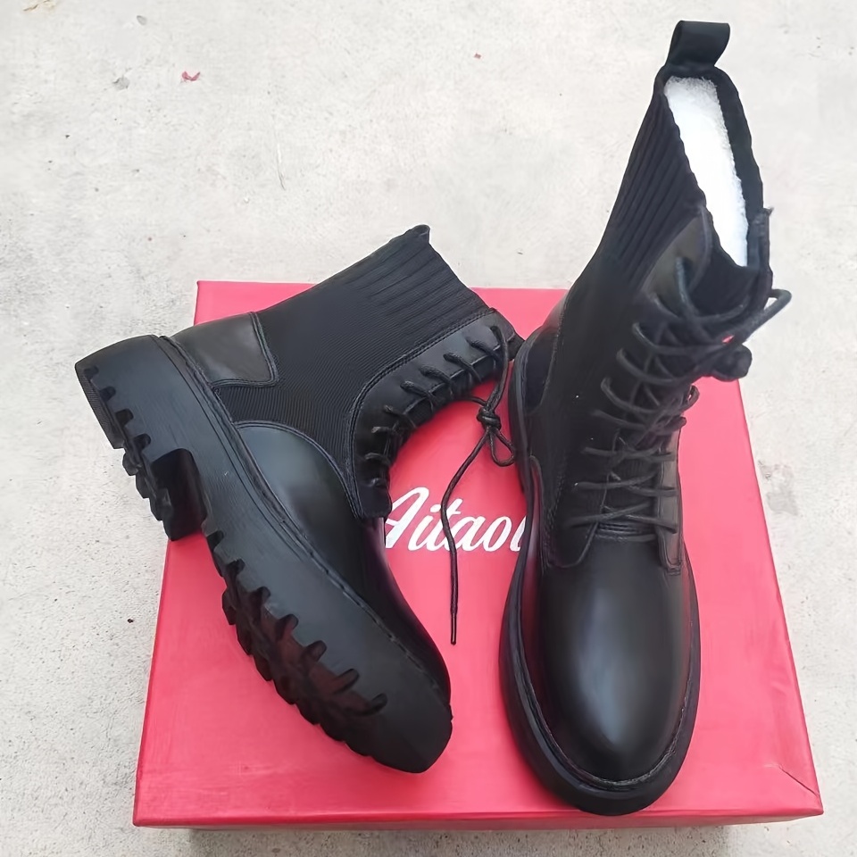 Women's Stitching Knit Combat Boots, Black Platform Short Boots, Round Toe  Lace-up Ankle Boots - Temu Bahrain