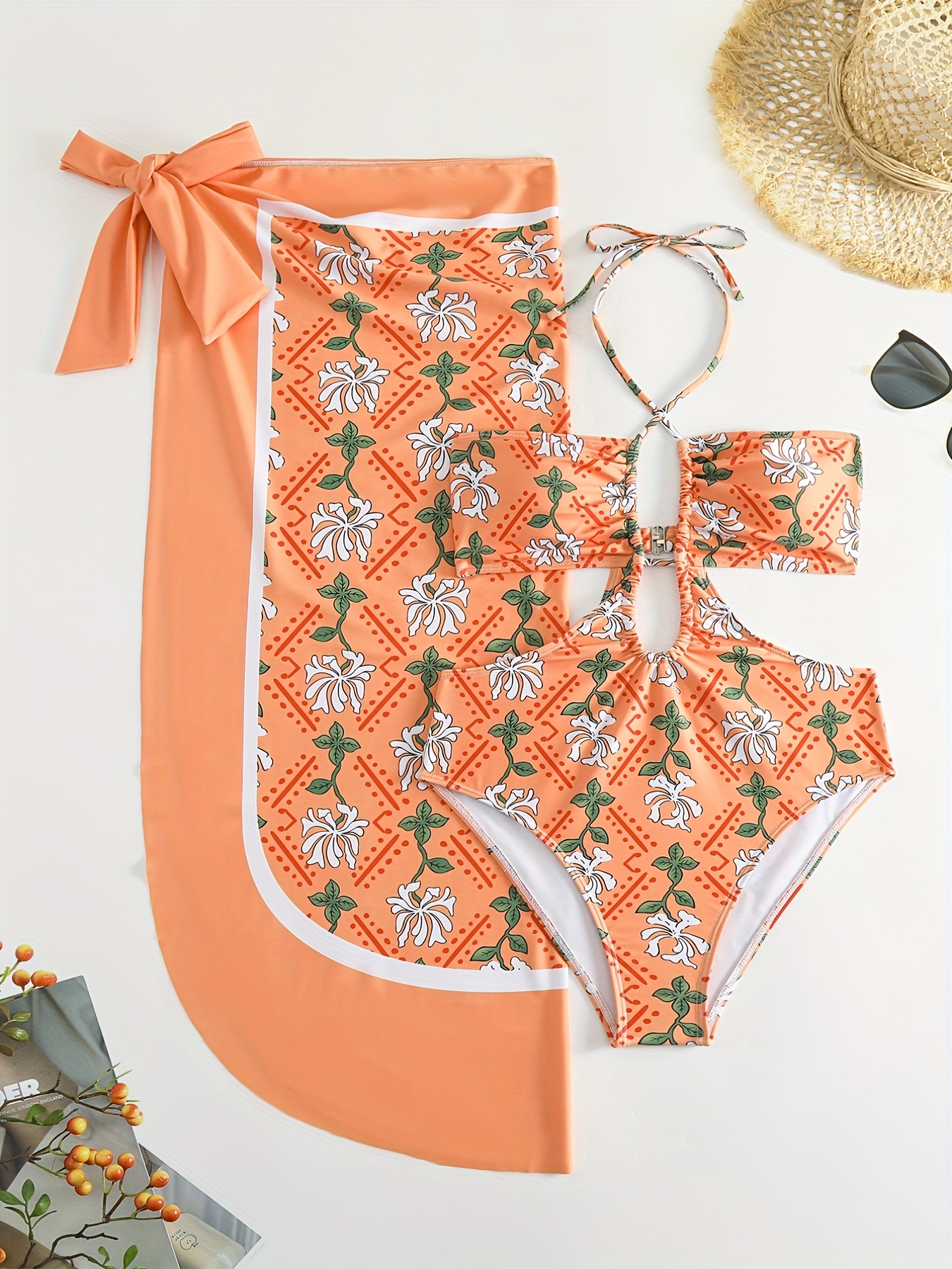 Floral Print Criss Cross Halter One Piece Swimsuit With Wrap