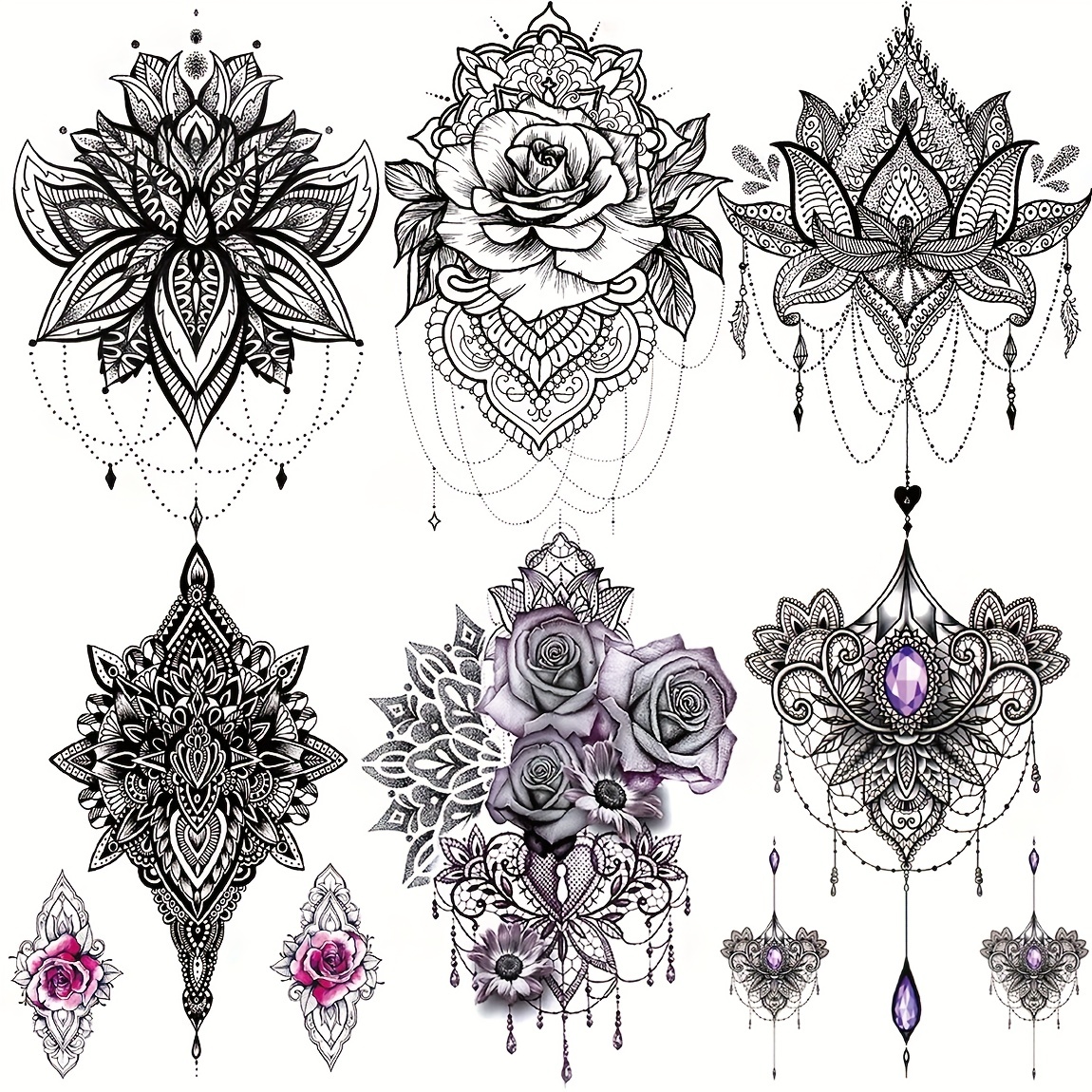 

6 Sheets Black Lotus Lady Temporary Tattoo Fake Jewelry Tribal Boho Lace Moon Moth Flower Pendant Temperature Tattoo Temporary Tattoo Girl Arm Neck Chest Tattoo