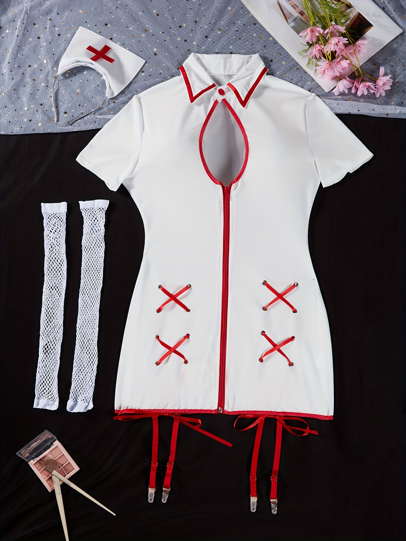 Naughty Nurse Role-Play Costume, Short Sleeve Lace Up Crop Top & Cut Out  Panties, Women's Sexy Lingerie & Underwear