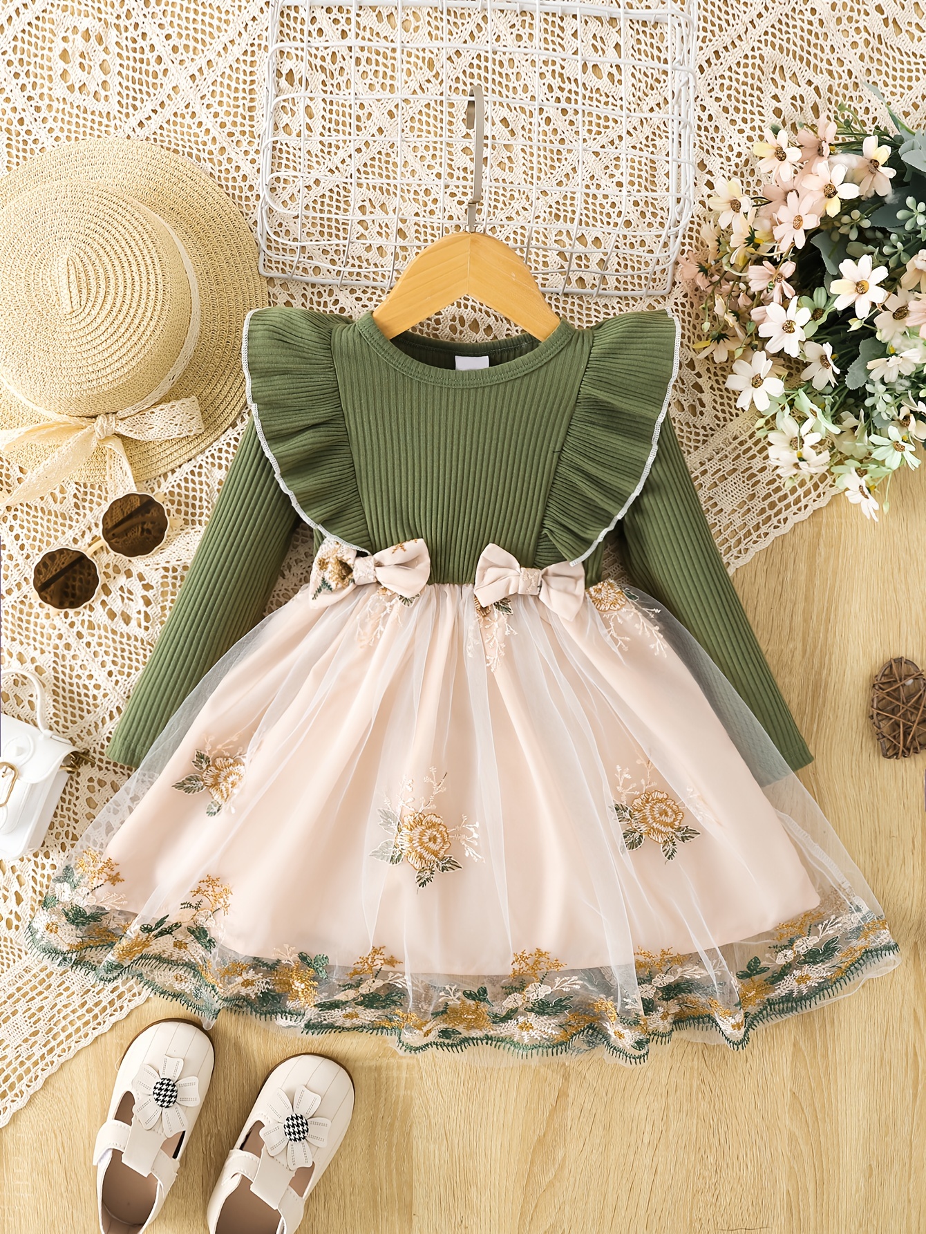 Girl's Floral Embroidery Mesh T shirt Ribbed Sundress Set - Temu