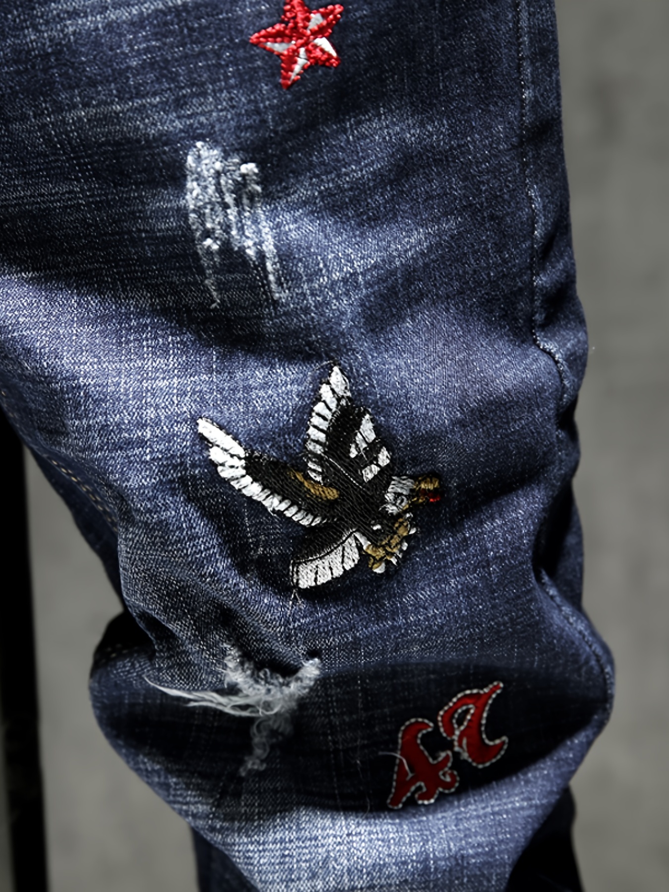Men's Butterfly Embroidered Denim Jeans Trendy Slim Straight Royal Blue  Pants