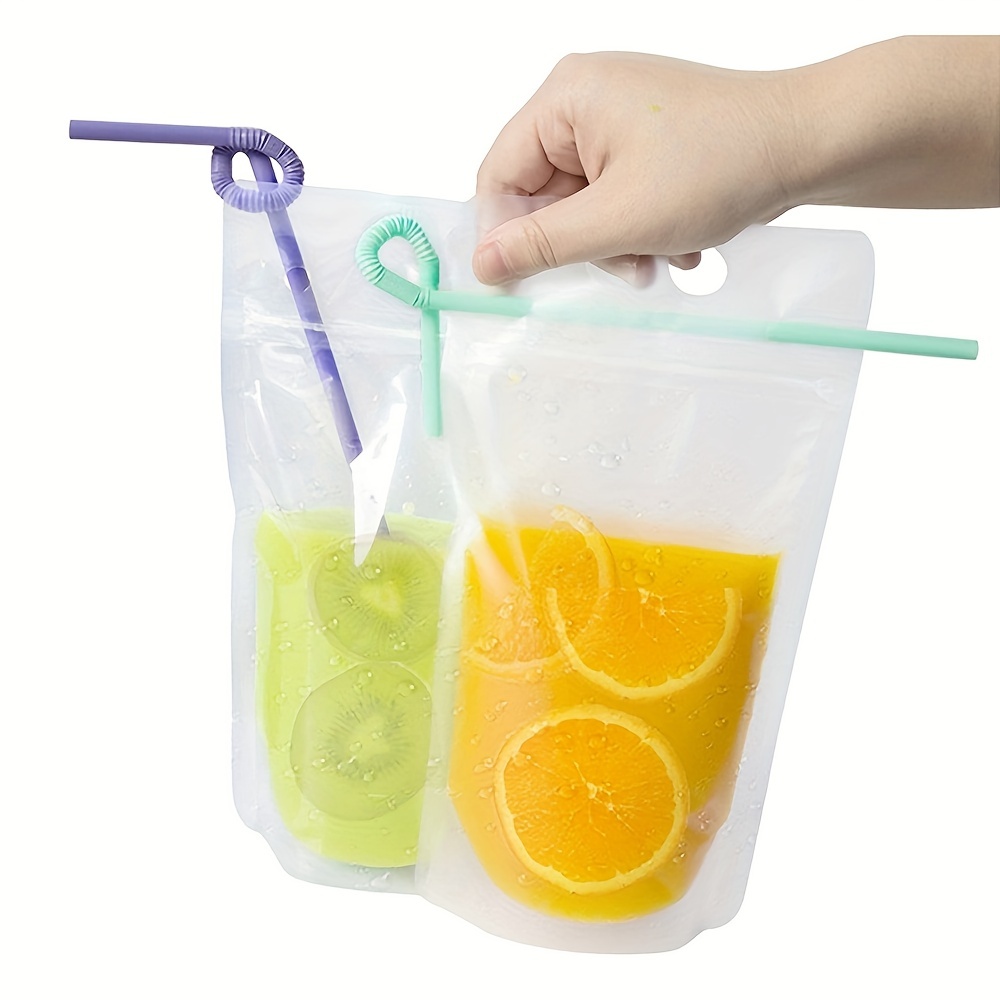 50 PCS Stand-Up Plastic Drink Pouches Bags with 50 Drink Straws, Heavy Duty  Hand-Held Translucent Reclosable Ice Drink Pouches Bag, Non-Toxic, for