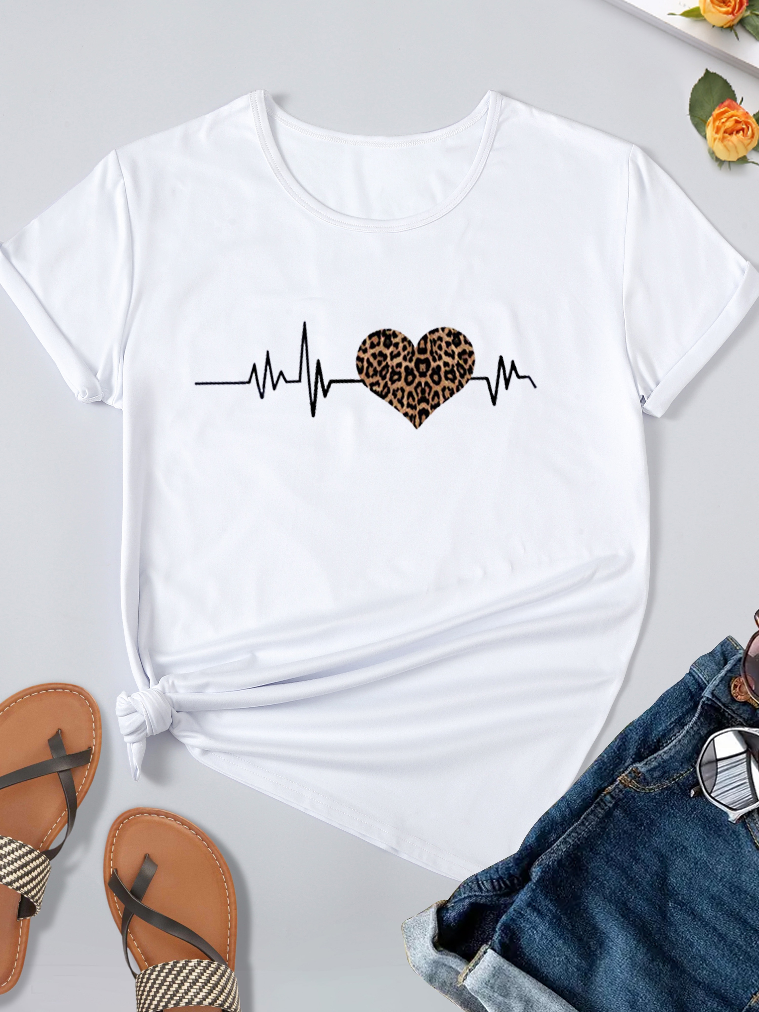 Leopard Heart Print T-shirt, Vintage Crew Neck Short Sleeve Loose Be Kind  T-shirt, Women's Clothing