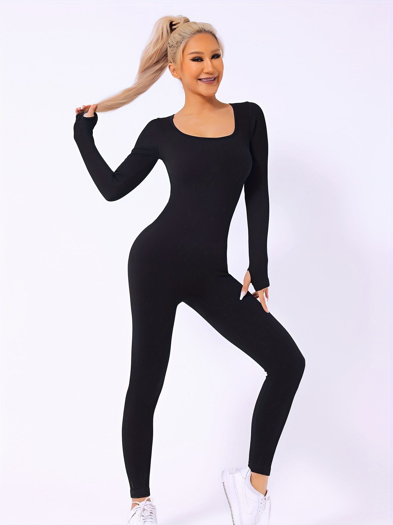 Ribbed Solid Color Tummy Control Long Sleeve Seamless Bodysuit