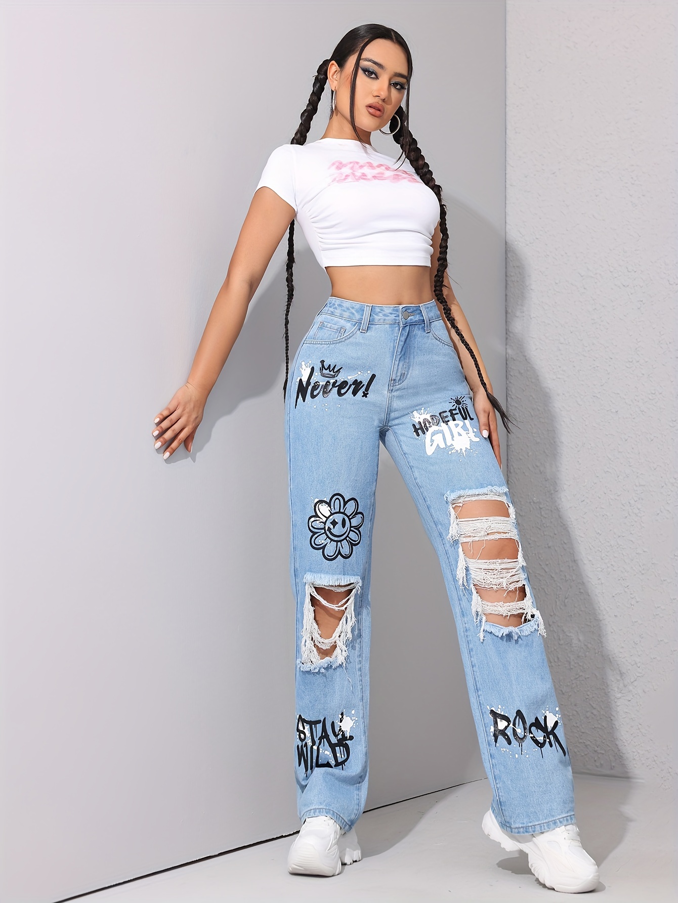 Floral Print Ripped Straight Jeans, Loose Fit High Waist, 48% OFF
