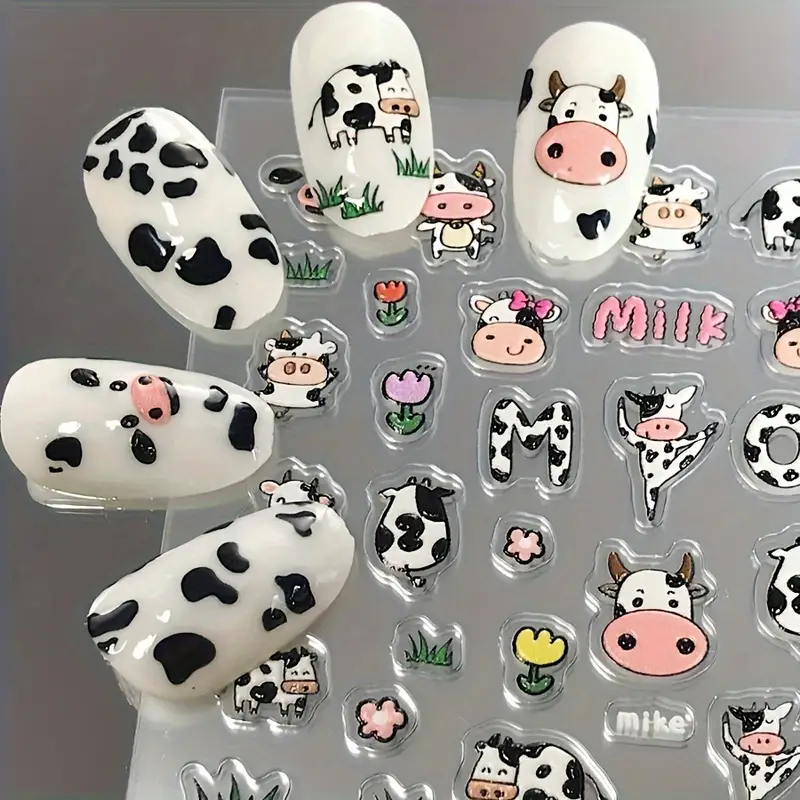 Cute Cartoon Cow Nail Art Sticker Decals 5d - Temu
