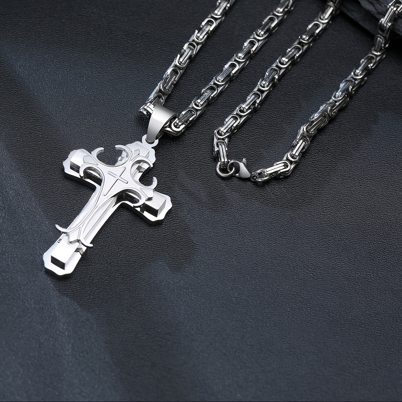 stainless steel double layer cross pendant necklace fashionable byzantine necklace mens accessories details 1