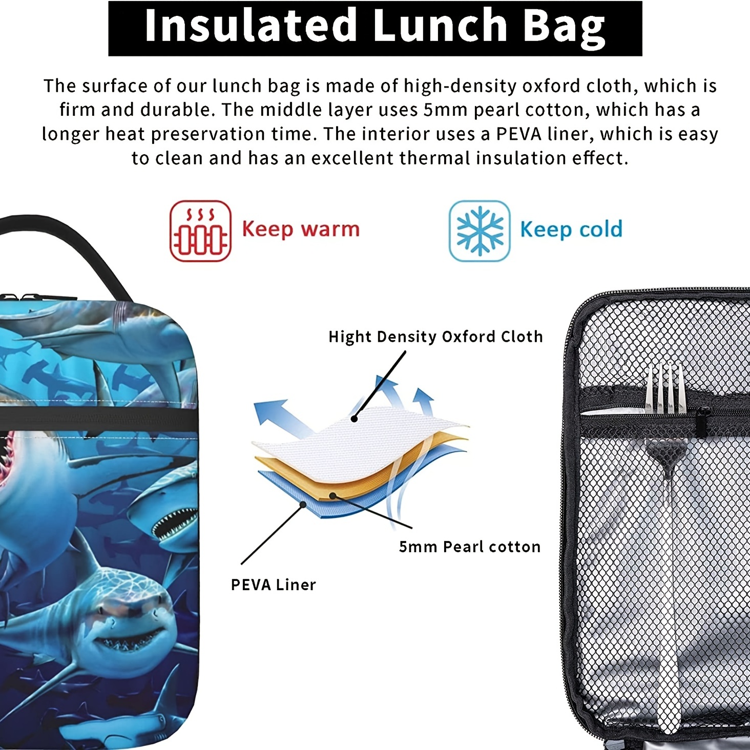 Portable Shark Lunch Bag Lunch Box Tote Bag Soft Handbag - Temu