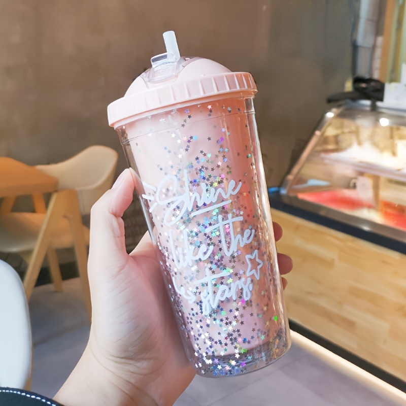 1pc Creative Rainbow Plastic Drinking Cup With Straw, Large Capacity,  Forest Style And Double Layered With Colored Beads