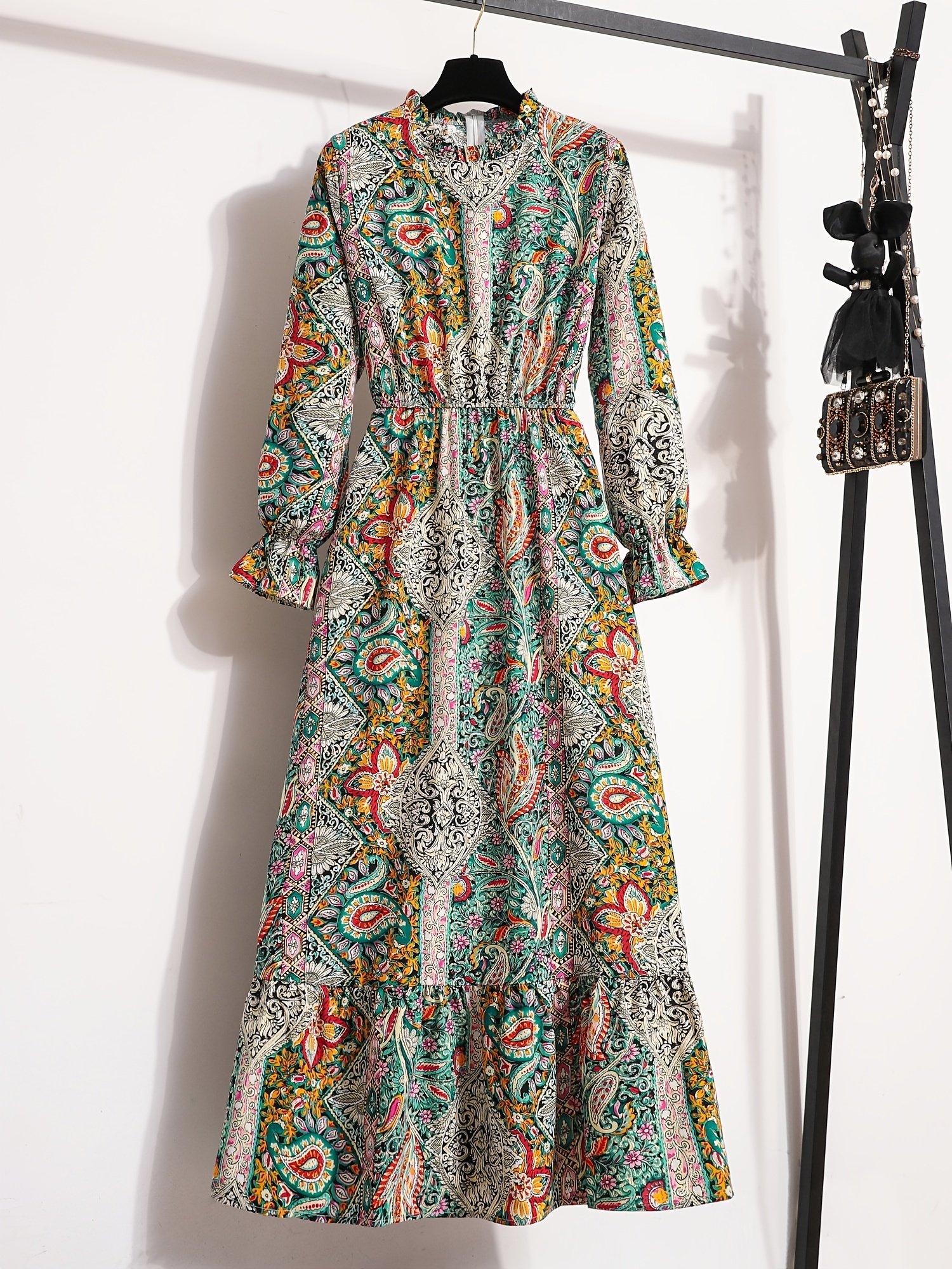 elegant floral print long sleeve midi dress stand collar - Temu Portugal