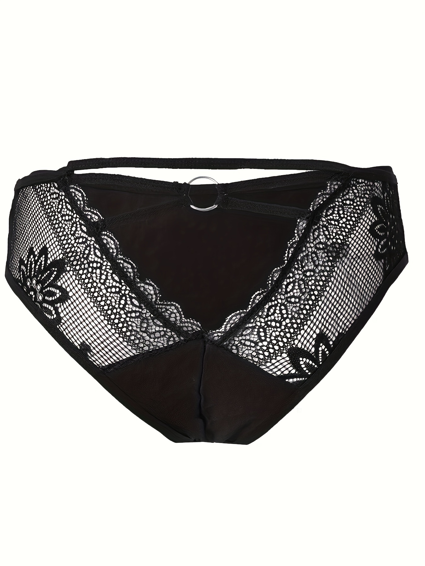 Plus Size Sexy Brief, Women's Plus Solid Contrast Lace Ring Linked Sheer  Underwear