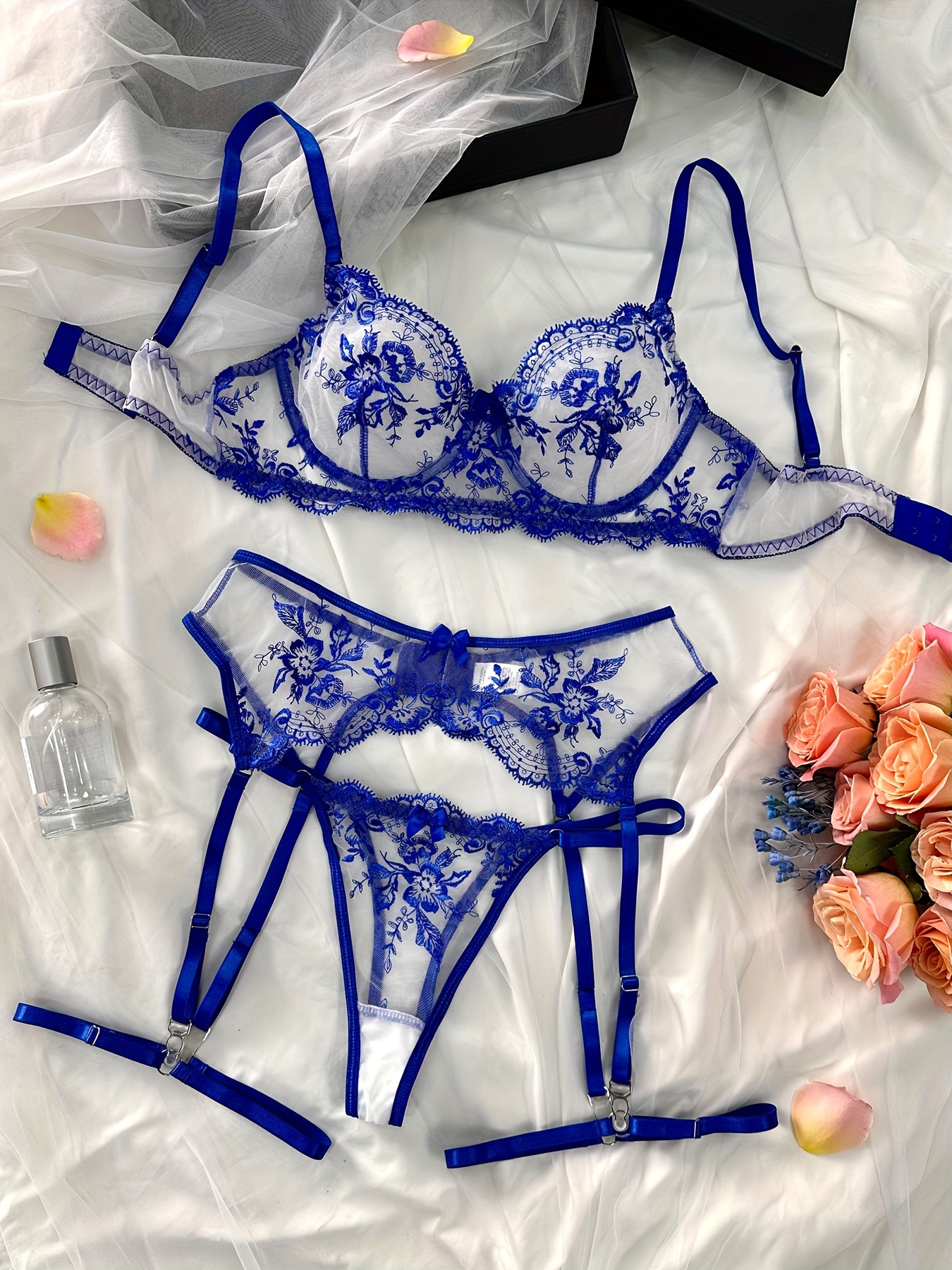 ROYAL BLUE Lace bra suspender belt and thong set