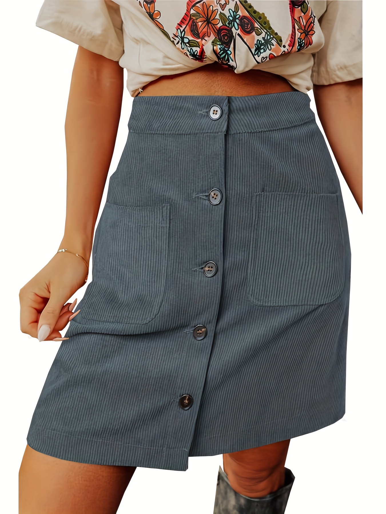 Solid Button Front Corduroy Skirt, Vintage High Waist Flared Mini Skirt,  Women's Clothing
