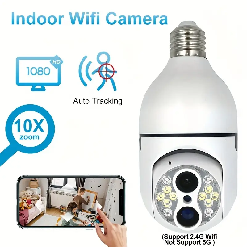 1pc 10x zoom bulb security camera 2mp 2 4ghz wifi wireless dual lane smart monitoring with mobile phone control color night vision sound and light alarm 355 degree ptz 7 24 recording tracking 2 way audio not support 5g wifi details 1