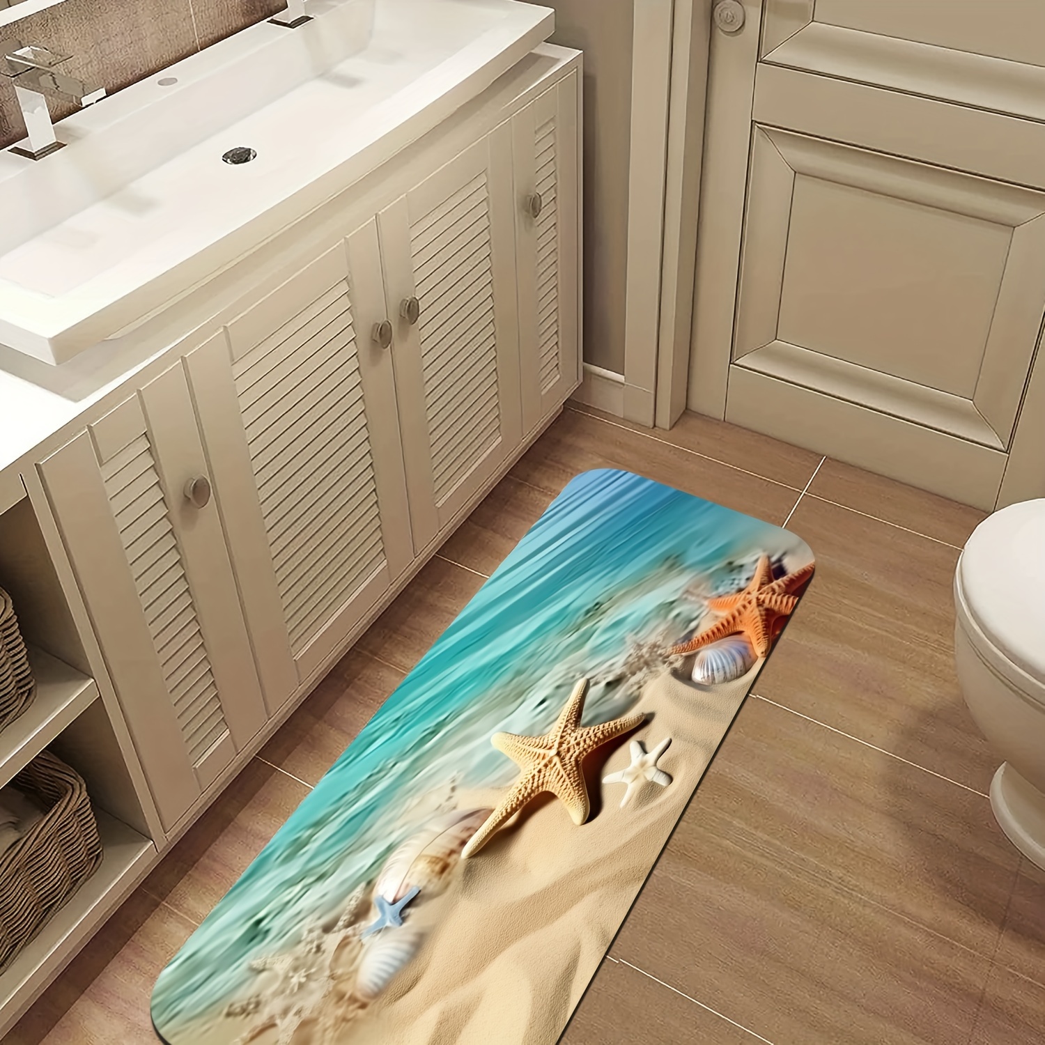 Ocean Coastal Bathroom Rug, Non Slip Standing Floor Mat, Funky