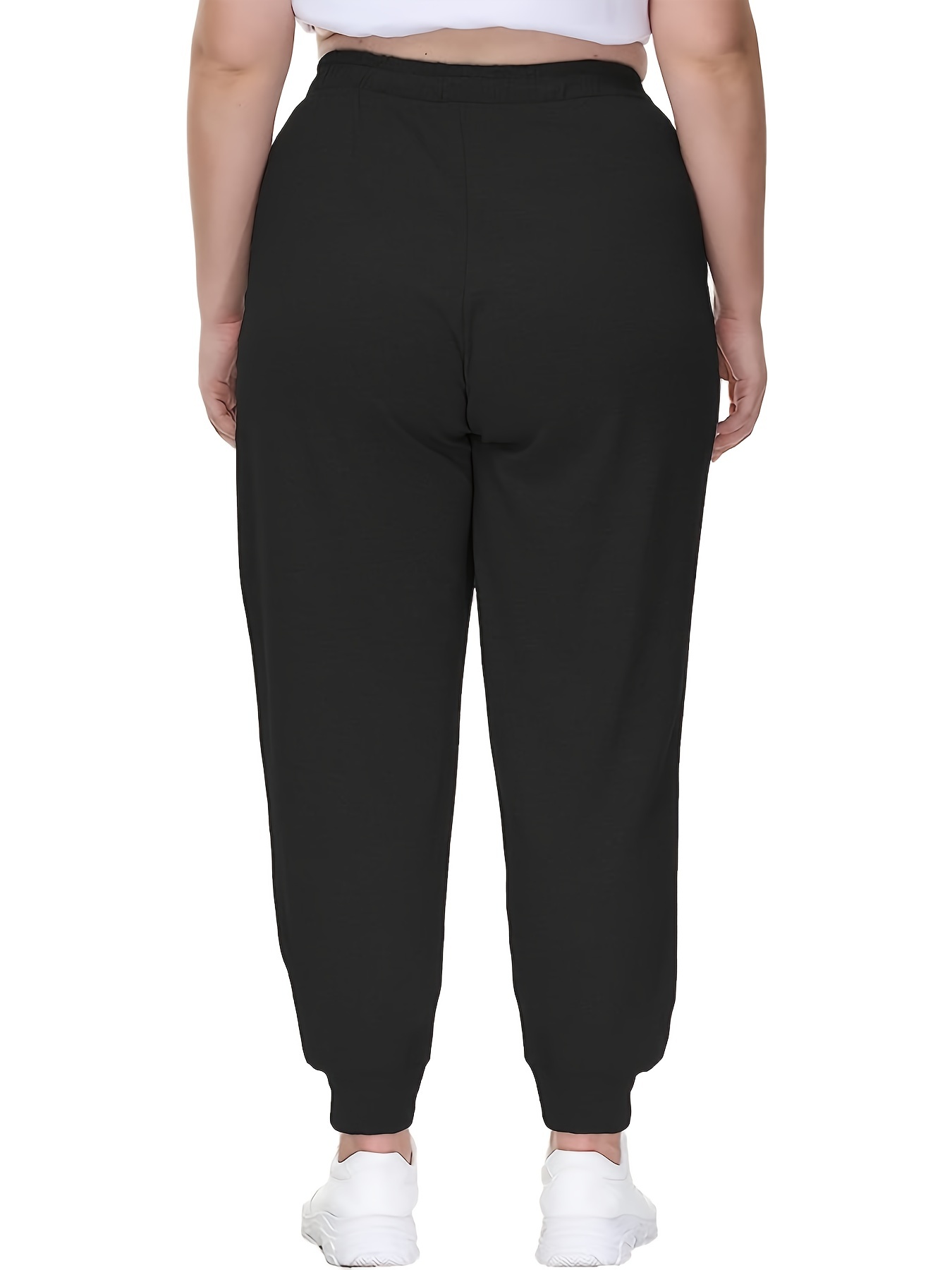 Plus Size Sports Pants, Women's Plus Solid Elastic Waist Slight Stretch Gym  Joggers With Pockets