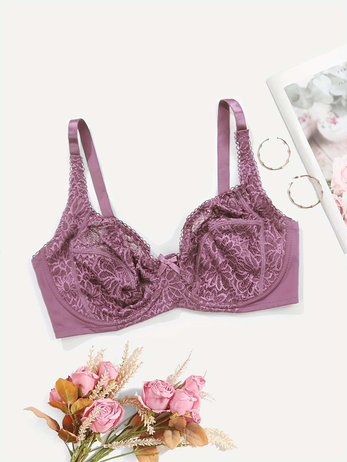 7pcs Contrast Lace Wireless Bras, Comfy & Breathable Scallop Trim Bra,  Women's Lingerie & Underwear