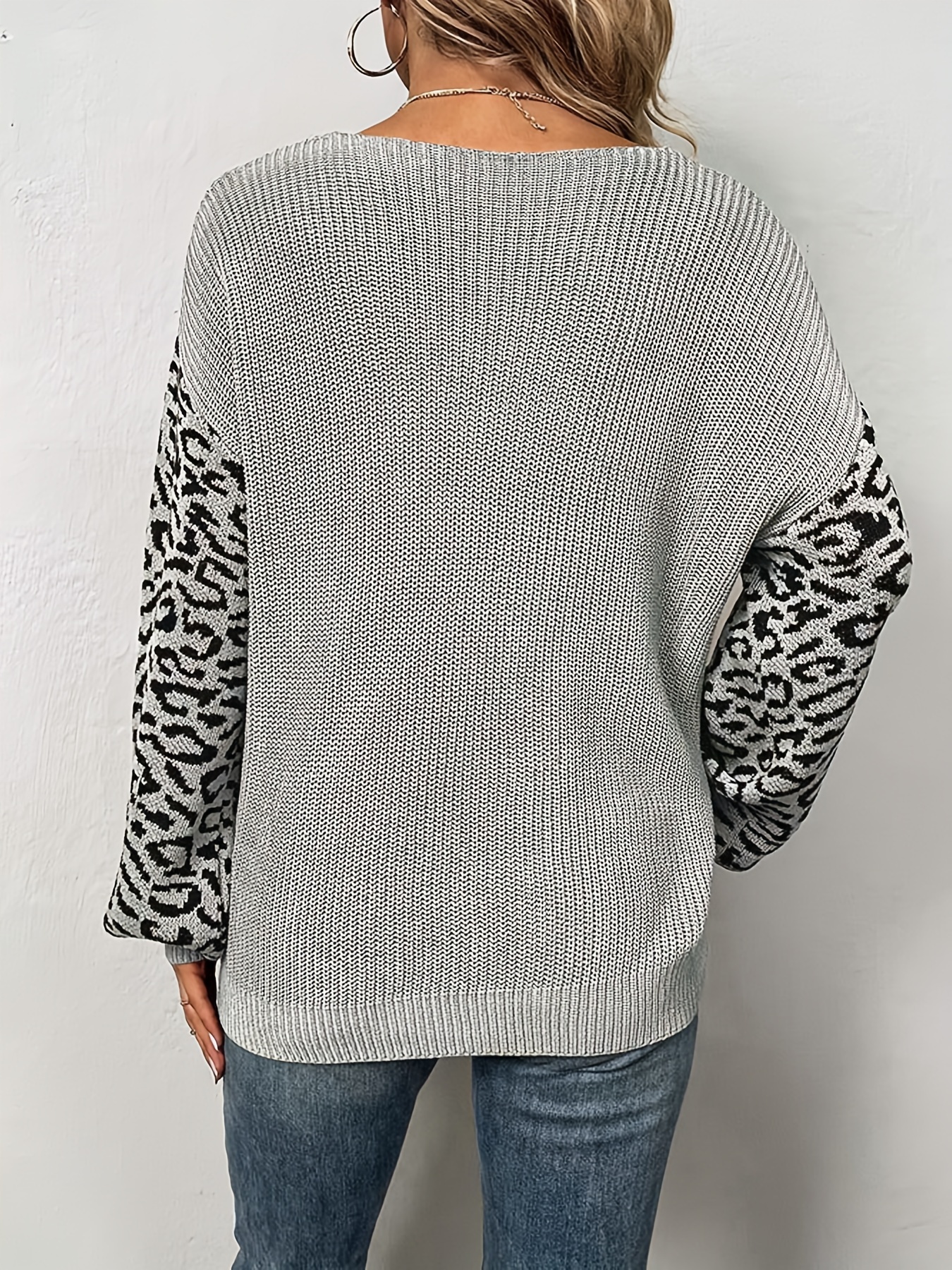 contrast leopard pattern knitted top casual lantern sleeve Temu - Main Image