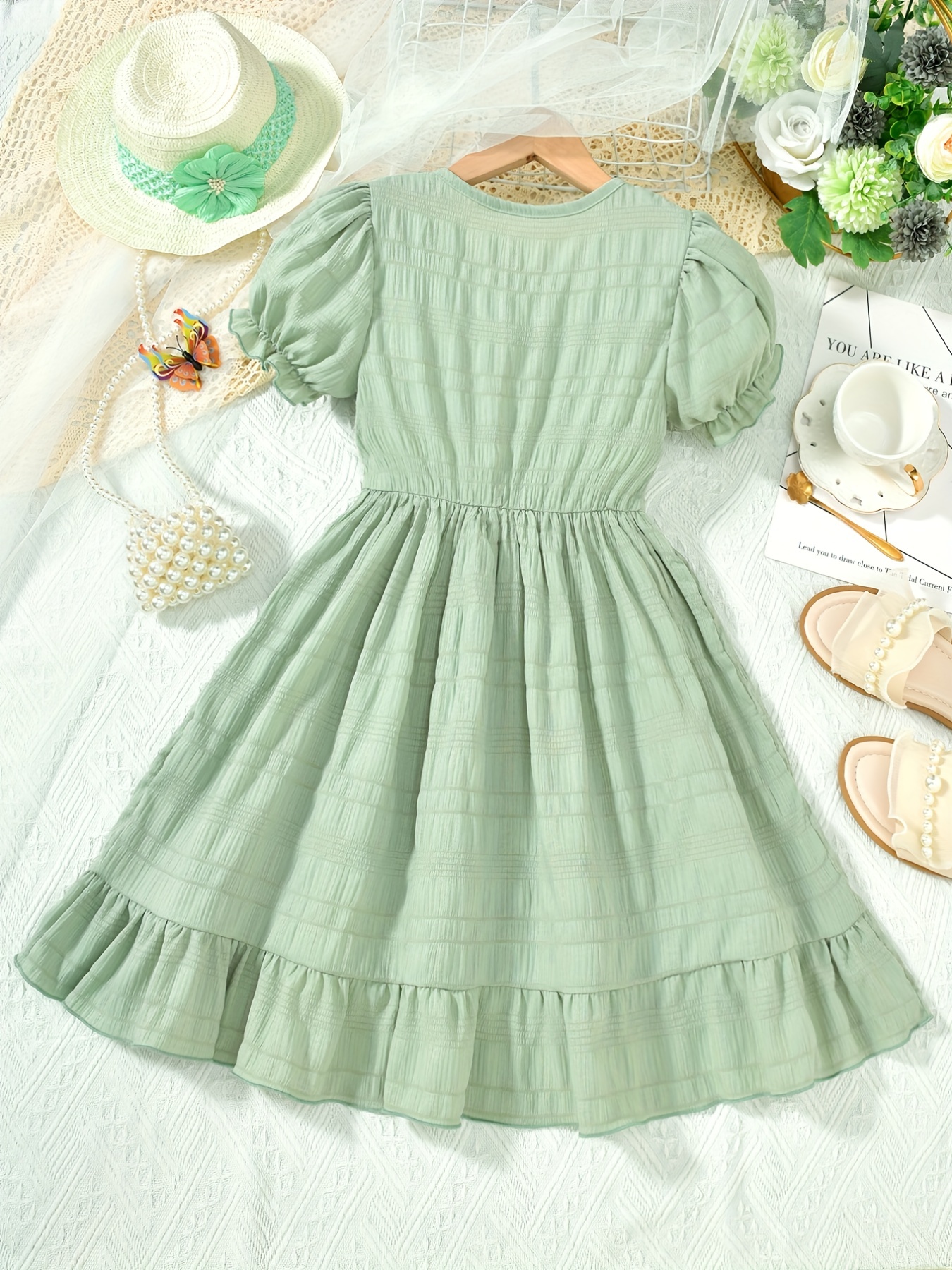  Dresses for Women Dress Women's Dress Ruffle Hem Puff Sleeve  Dress Dress (Color : Mint Green, Size : Large) : Clothing, Shoes & Jewelry
