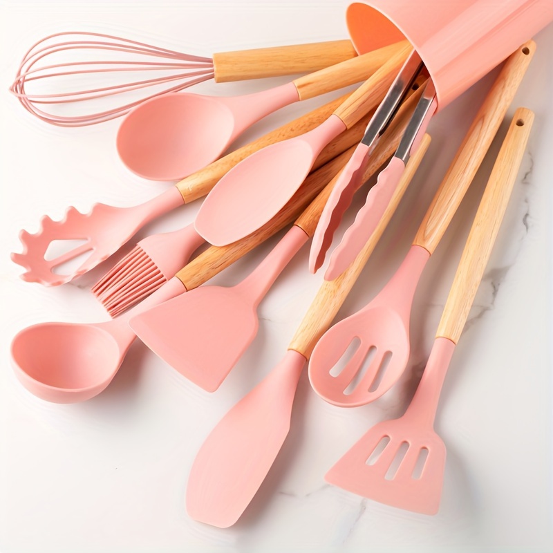 Set utensilios cocina, madera y silicona, 12 piezas