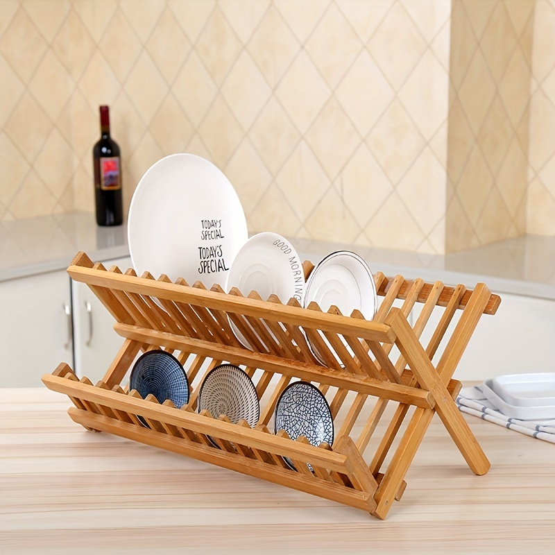 Dish Rack,Bamboo Folding 2-Tier Collapsible Drainer Dish Drying Rack With  Utensils Flatware Holder Set (Dish Rack With Utensil Holder)