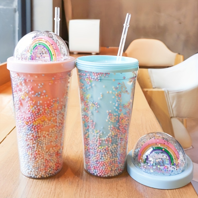 Sequin Tumbler With Straw Plastic Water Cups Double layer - Temu