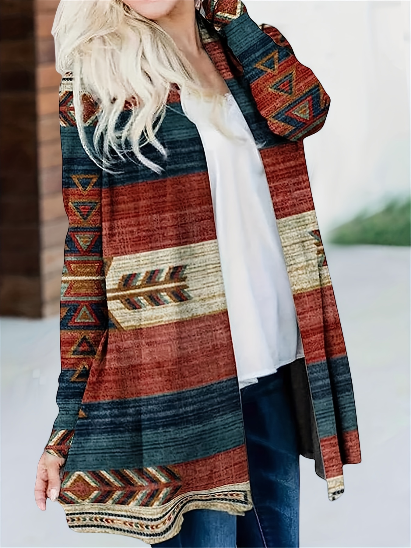 Aztec Print Knit Cardigan, Vintage Open Front Long Sleeve Sweater, Women's  Clothing - Temu